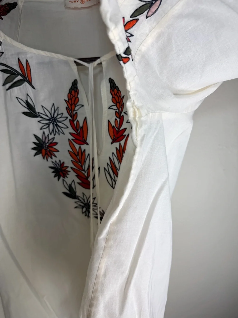 Tory Burch White Tunic Blouse with Red & Black Floral Embroidery